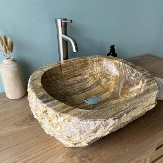 Lavabo de salle de bain en bois pétrifié fossilisé beige marron 40 cm