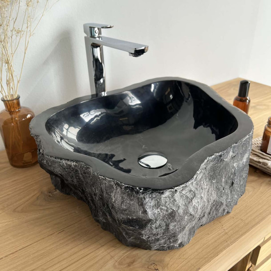 Lavabo de salle de bain en bois pétrifié fossilisé noir 42 cm
