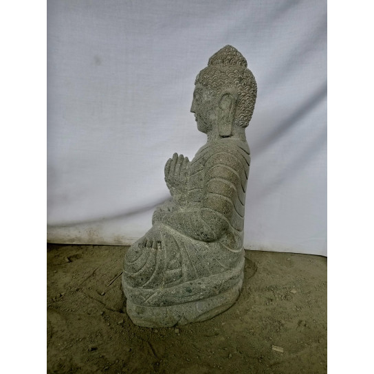 Statue jardin exterieur bouddha sérénité assis pierre volcanique chapelet 50 cm