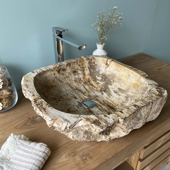 Vasque de salle de bain à poser en bois pétrifié fossilisé 54 cm