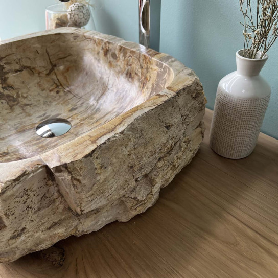 Vasque de salle de bain à poser en bois pétrifié fossilisé 54 cm