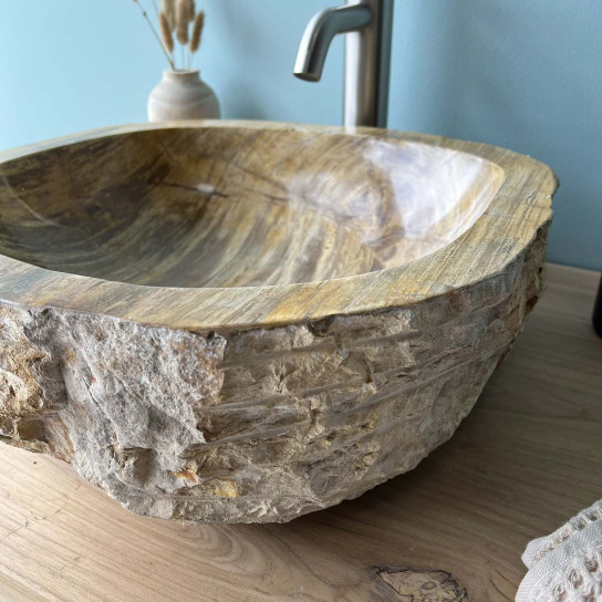 Vasque de salle de bain à poser en bois pétrifié fossilisé intérieur brun 45 cm
