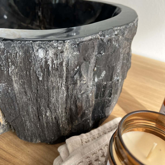 Vasque de salle de bain en bois pétrifié fossilisé couleur noir