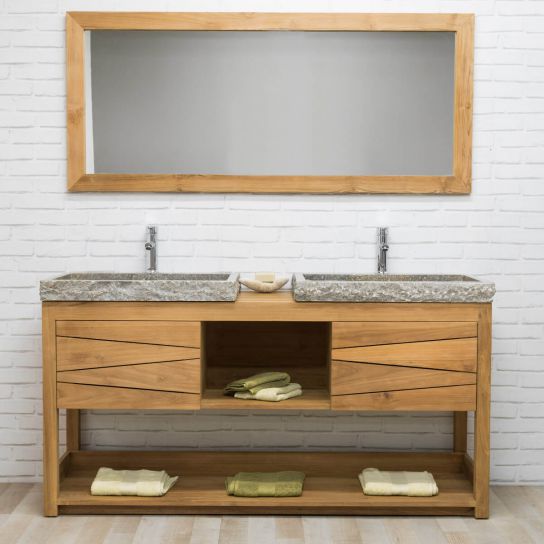 Meuble de salle de bain : meuble sous vasque (double vasque) de salle de bain en bois exotique massif + 2 vasques en pierre naturelle de la ligne Cosy, naturel + grises, L : 160 cm