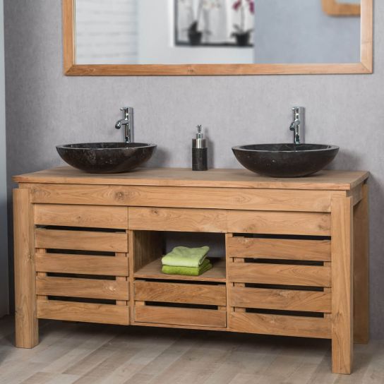 Meuble de salle de bain : meuble sous vasque (double vasque) de salle de bain en bois exotique massif de la ligne Zen, rectangle, naturel, L : 145 cm