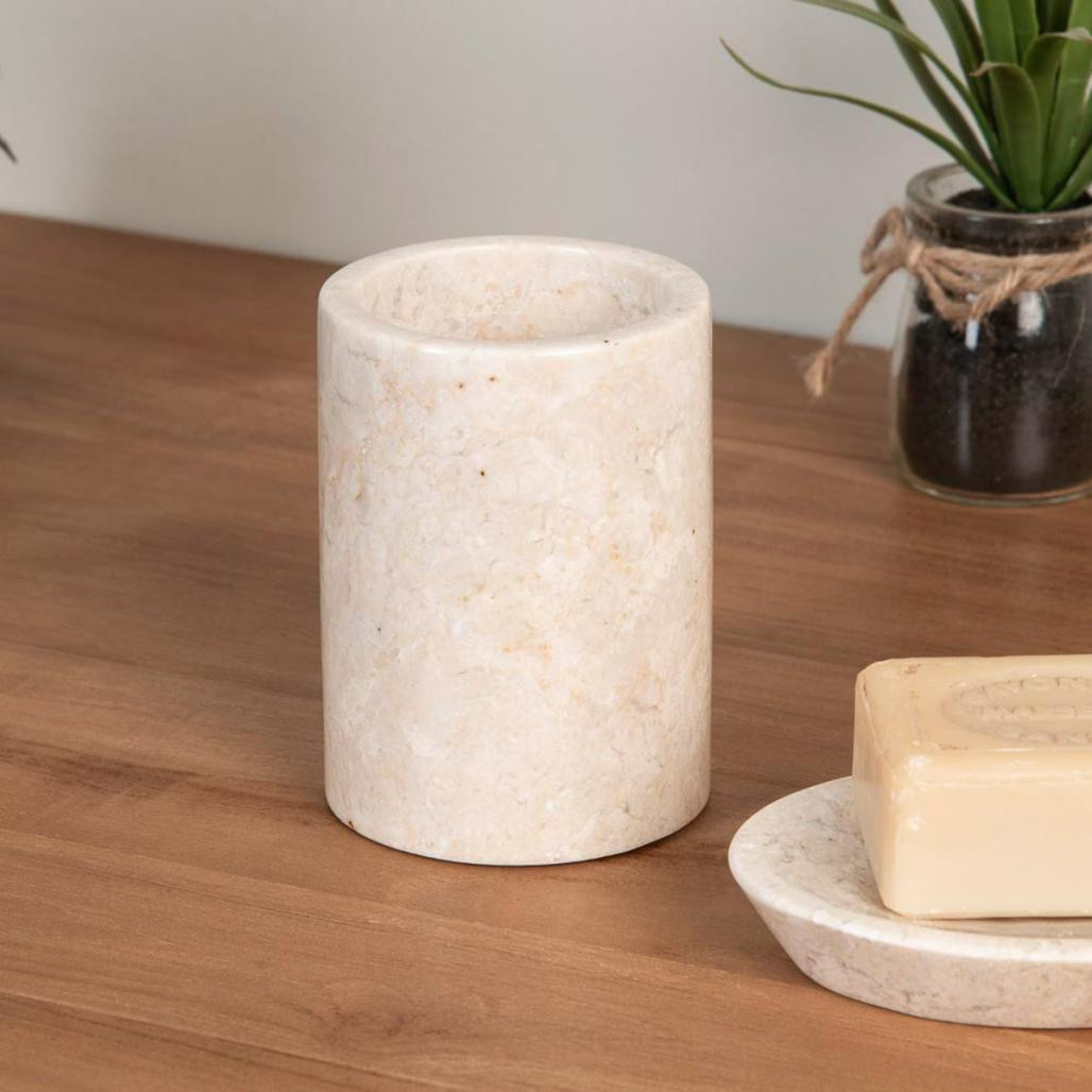 Ensemble gobelet porte savon en marbre crème Ensemble gobelet porte savon en marbre crème