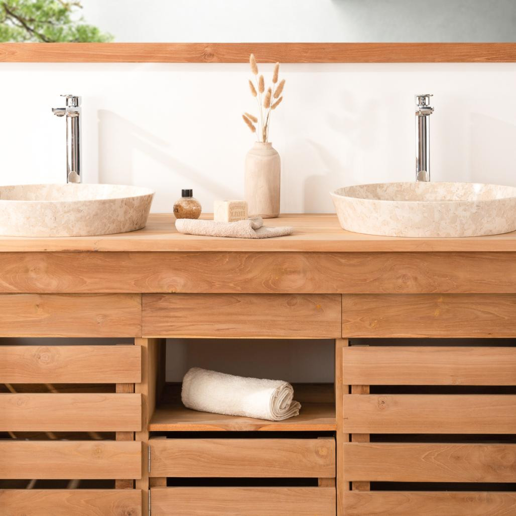 Meuble de salle de bain en teck Zen double vasque 145cm Meuble de salle de bain en teck Zen double vasque 145cm