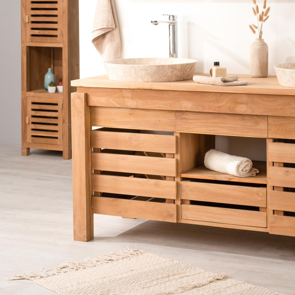 Meuble de salle de bain en teck Zen double vasque 145cm Meuble de salle de bain en teck Zen double vasque 145cm