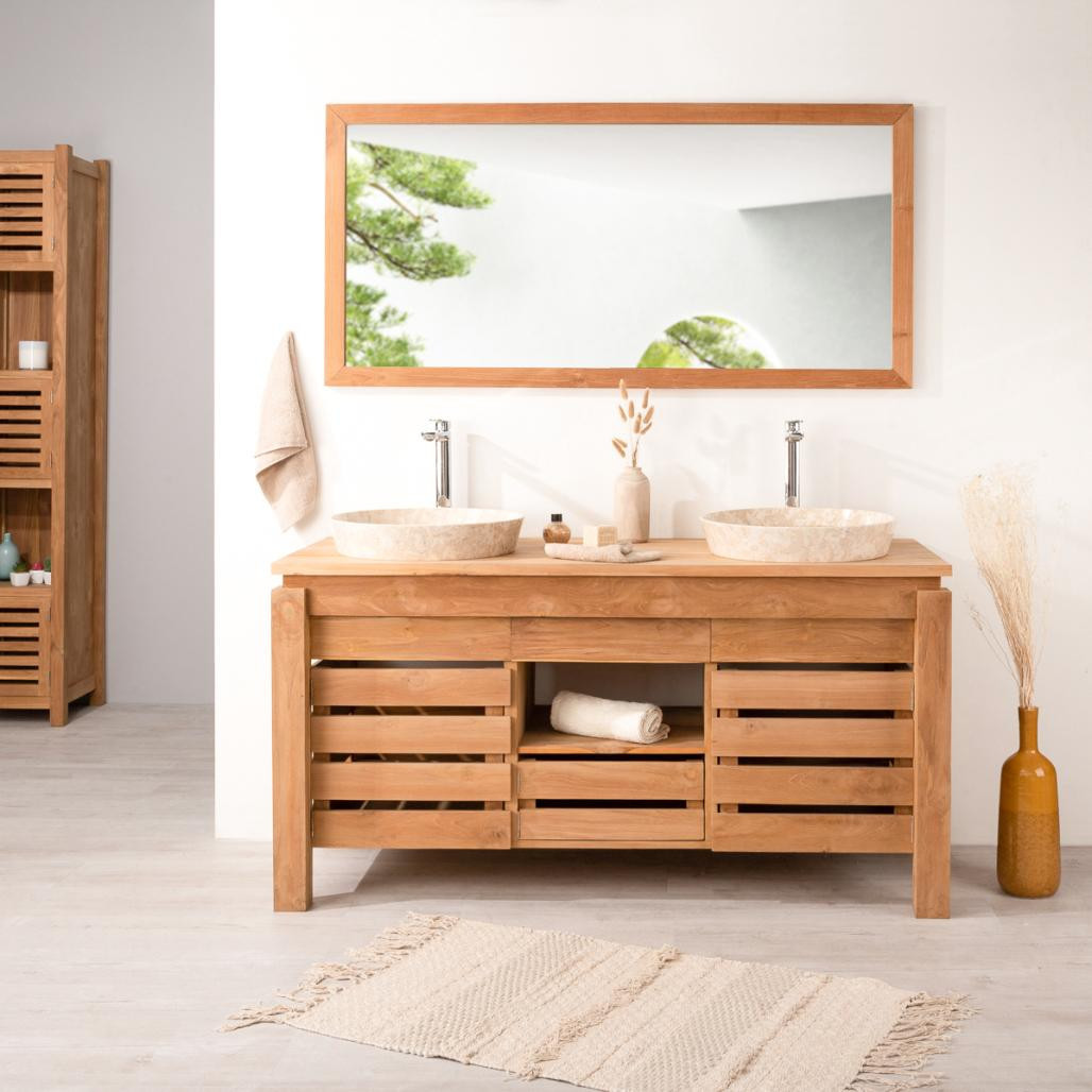 Meuble de salle de bain en teck Zen double vasque 145cm Meuble de salle de bain en teck Zen double vasque 145cm