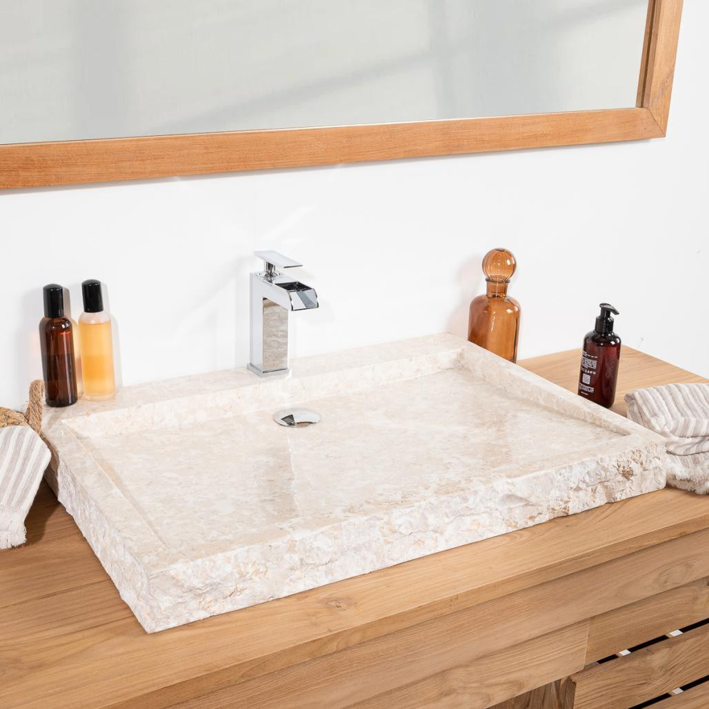 Grande vasque 70cm à poser rectangle en pierre marbre Cosy crème Grande vasque 70cm à poser rectangle en pierre marbre Cosy crème