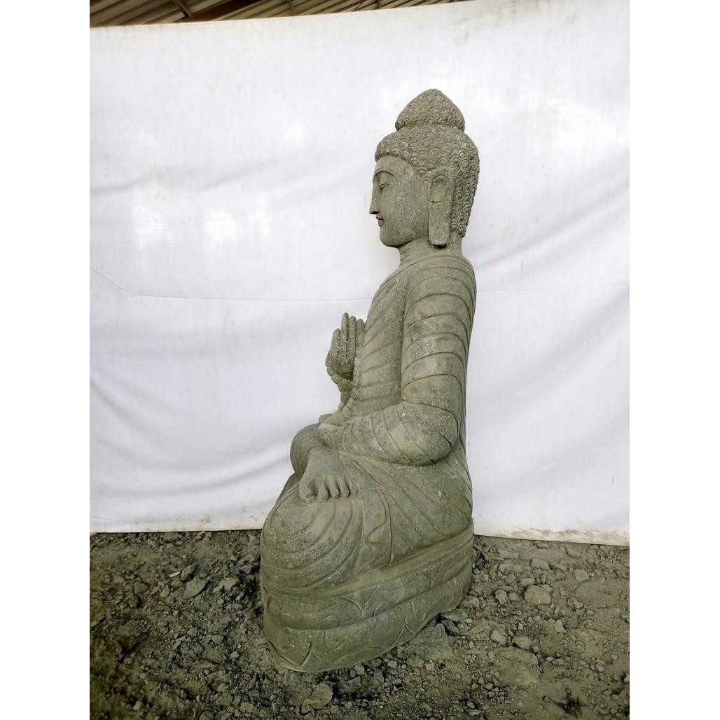 Statue jardin zen bouddha assis en pierre naturelle offrande et chapelet 1m20 Statue jardin zen bouddha assis en pierre naturelle offrande et chapelet 1m20