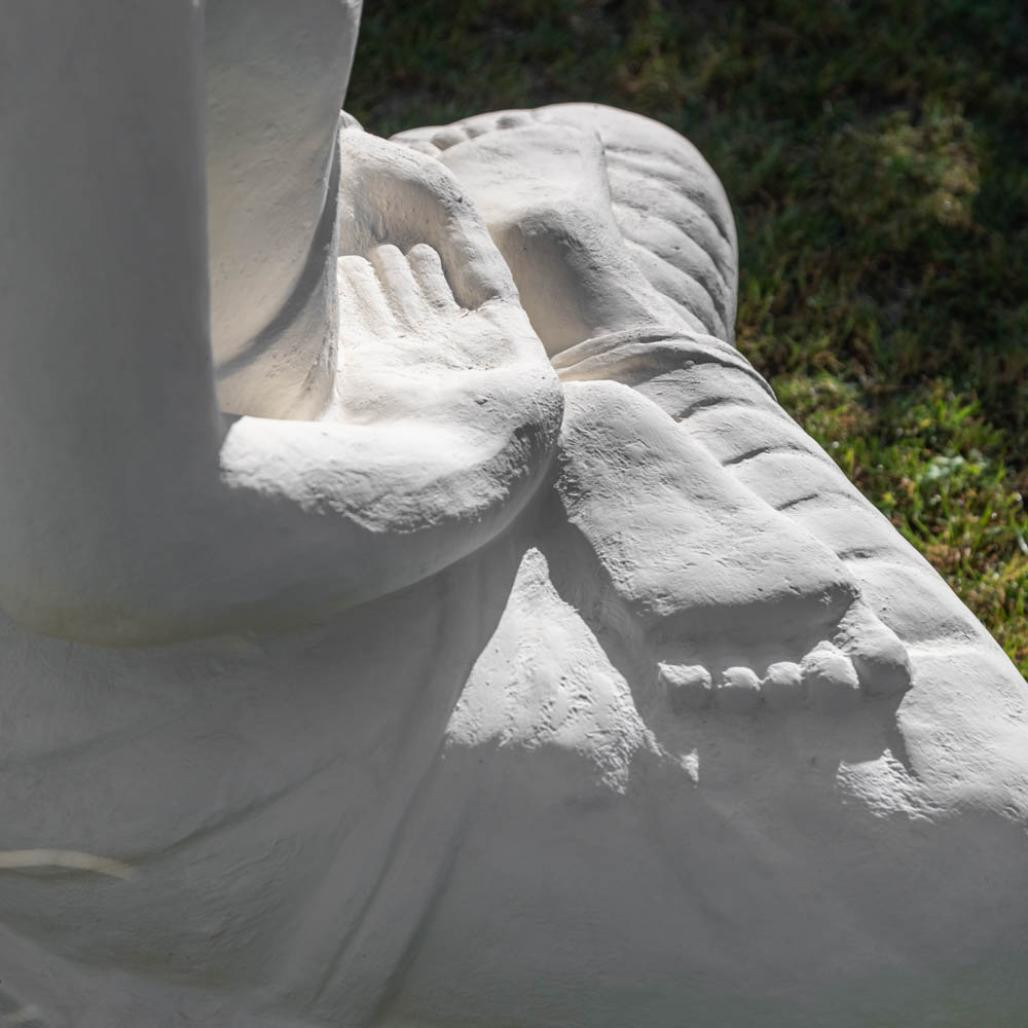 Statue jardin bouddha assis fibre de verre offrande 105cm blanc Statue jardin bouddha assis fibre de verre offrande 105cm blanc