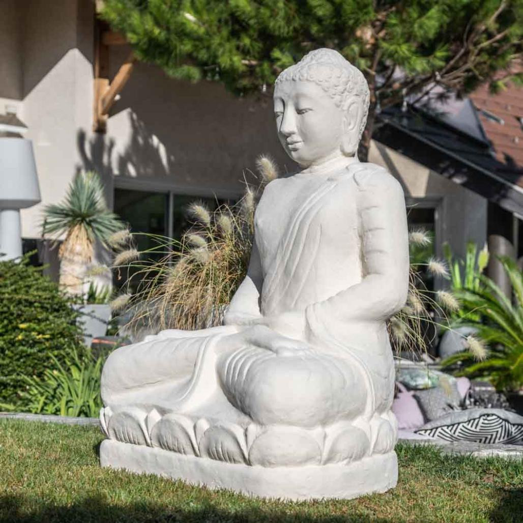 Statue jardin bouddha assis fibre de verre offrande 105cm blanc Statue jardin bouddha assis fibre de verre offrande 105cm blanc