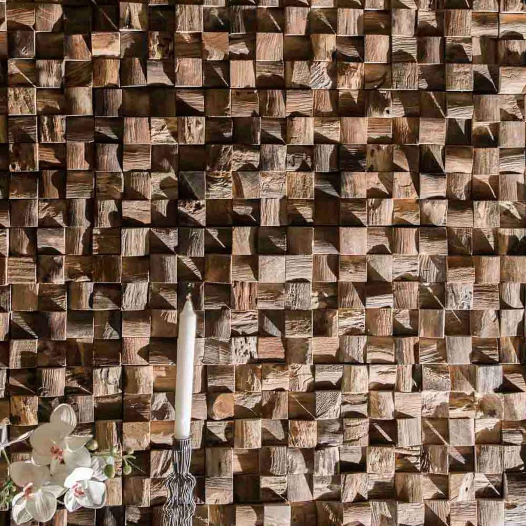 Parement mosaïque en teck recyclé naturel carré 20cm x 55cm