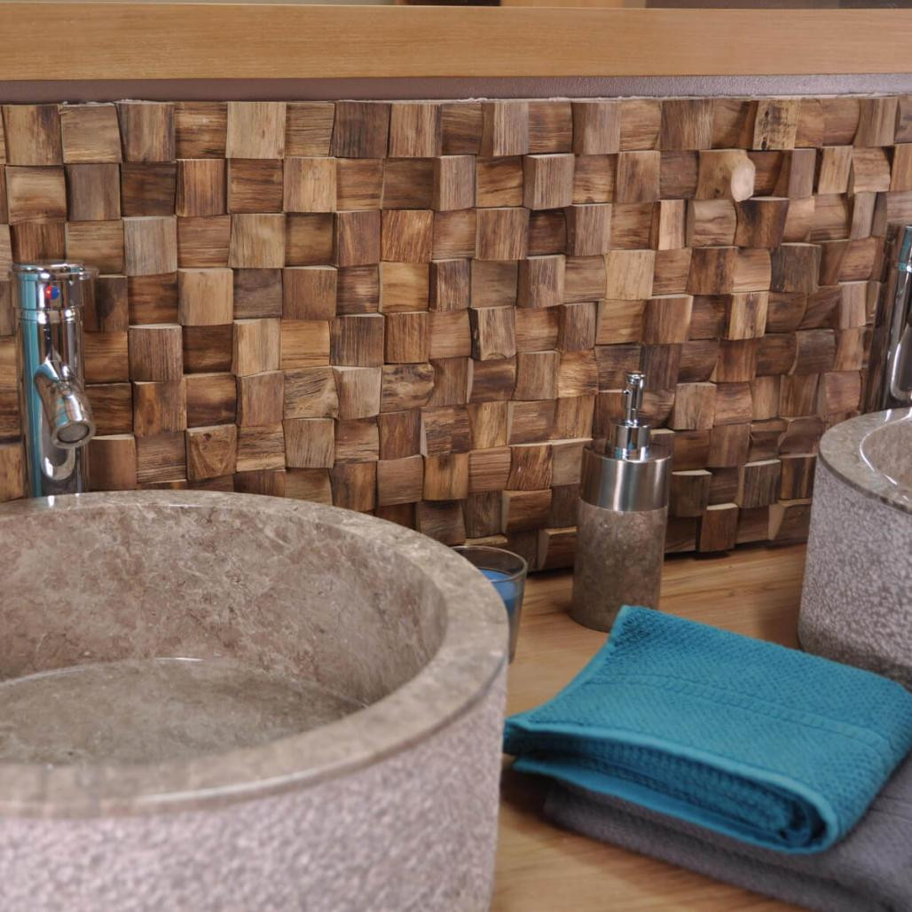 Parement mosaïque en teck recyclé naturel carré 20cm x 55cm