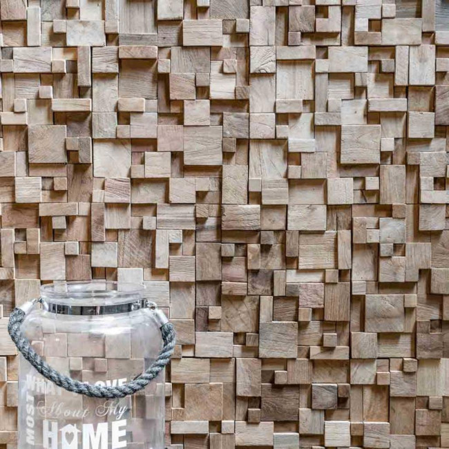 Parement mosaïque en teck recyclé naturel carré irrégulier 30cm x30cm