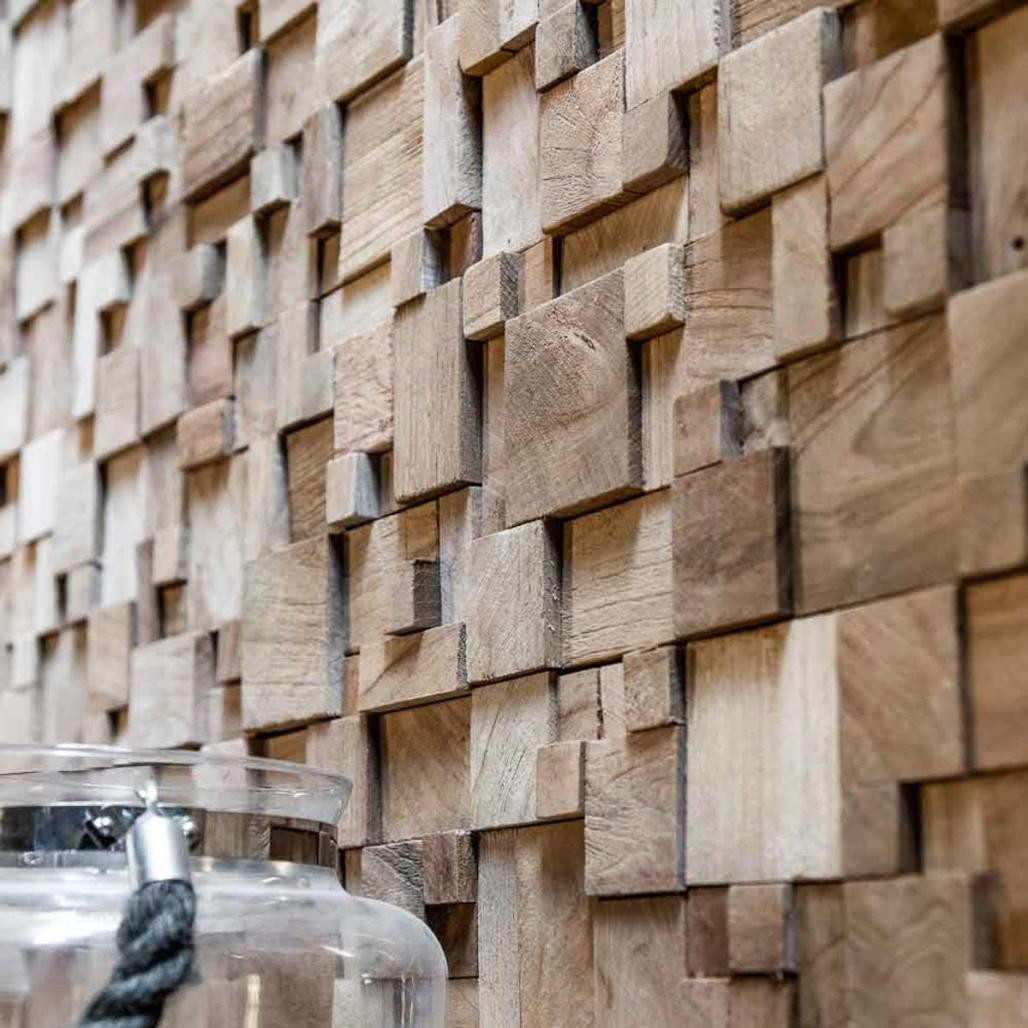 Parement mosaïque en teck recyclé naturel carré irrégulier 30cm x30cm