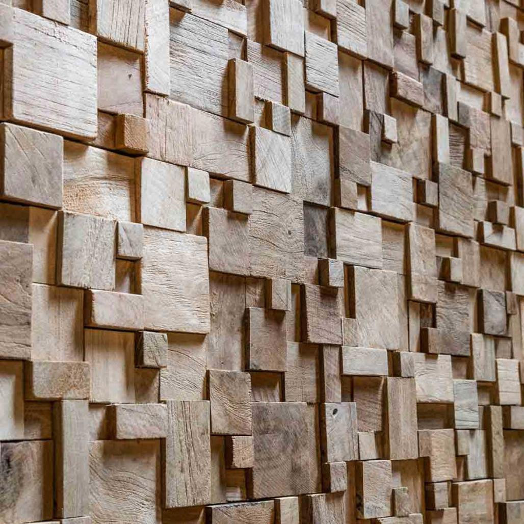 Parement mosaïque en teck recyclé naturel carré irrégulier 30cm x30cm