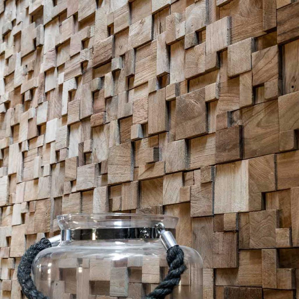 Parement mosaïque en teck recyclé naturel carré irrégulier 30cm x30cm