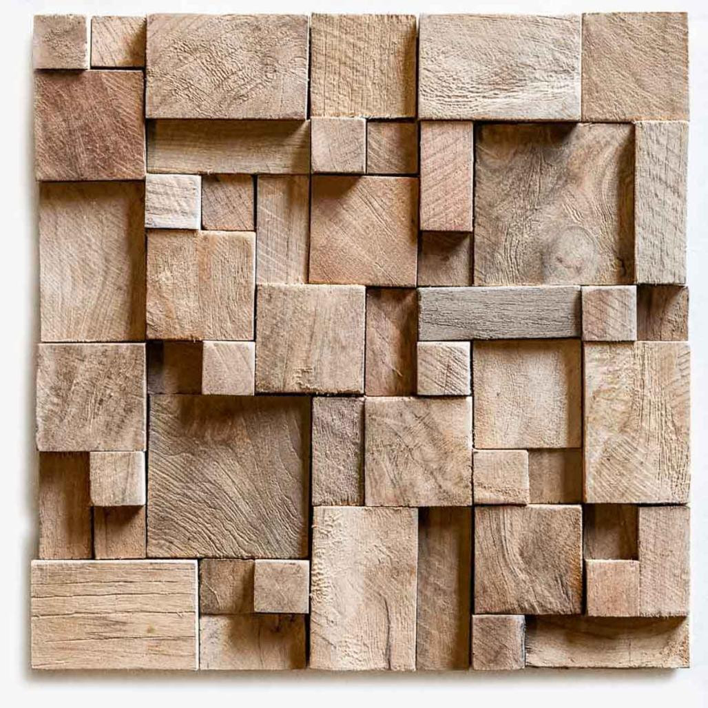 Parement mosaïque en teck recyclé naturel carré irrégulier 30cm x30cm