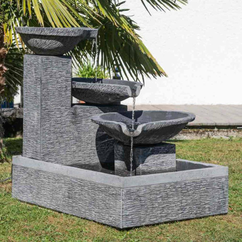 Fontaine de jardin à débordement bassin 3 vasques noire grise