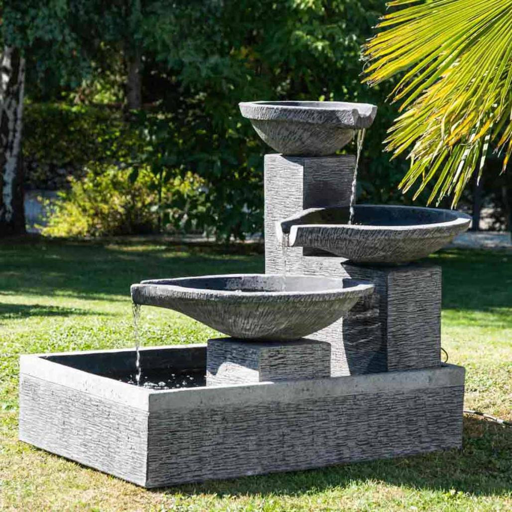 Fontaine de jardin à débordement bassin 3 vasques noire grise