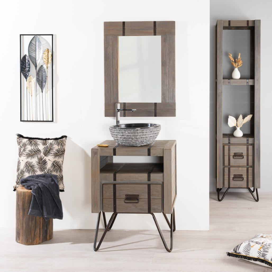 Meuble de salle de bain Loft en mindi et métal 60 cm gris