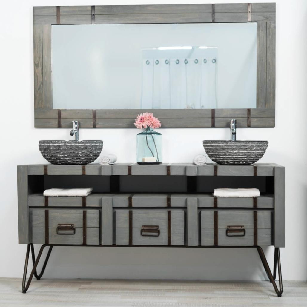 Meuble double de salle de bain Loft en mindi et métal 160 cm gris