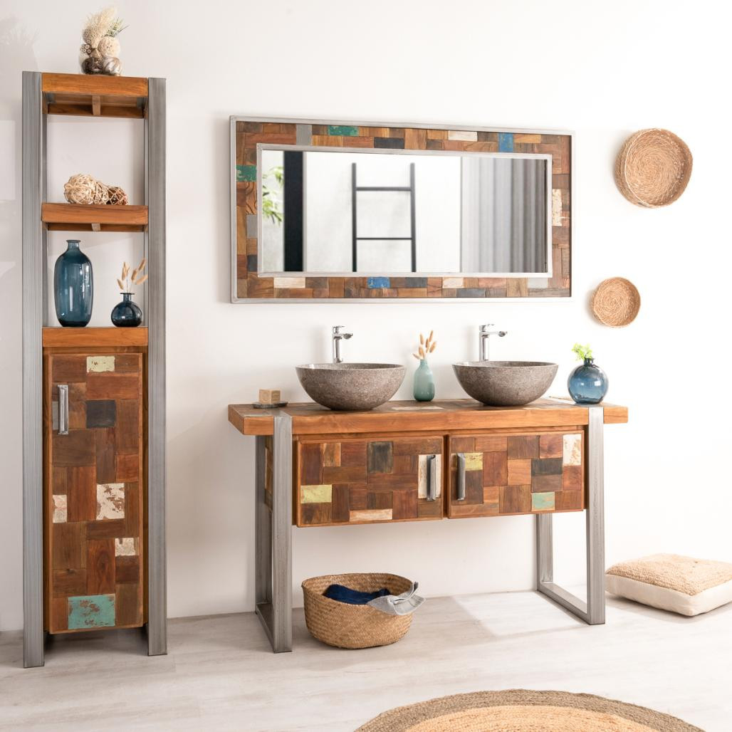 Meuble double de salle de bain Factory teck métal 140 cm