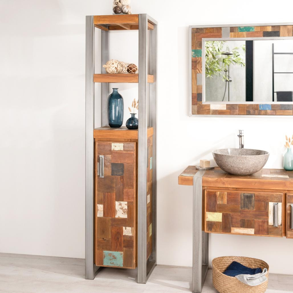 Meuble colonne de salle de bain Factory teck métal 190 cm