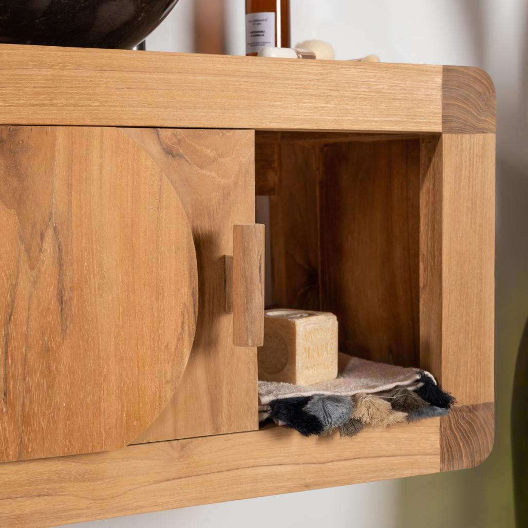 Petit meuble de salle de bain suspendu 50 cm en teck massif Rétro