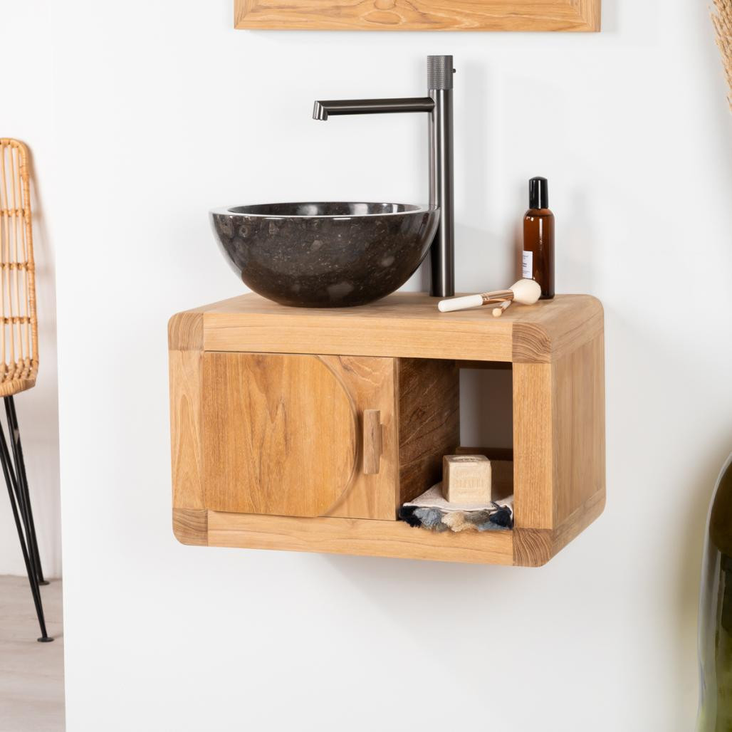 Petit meuble de salle de bain suspendu 50 cm en teck massif Rétro