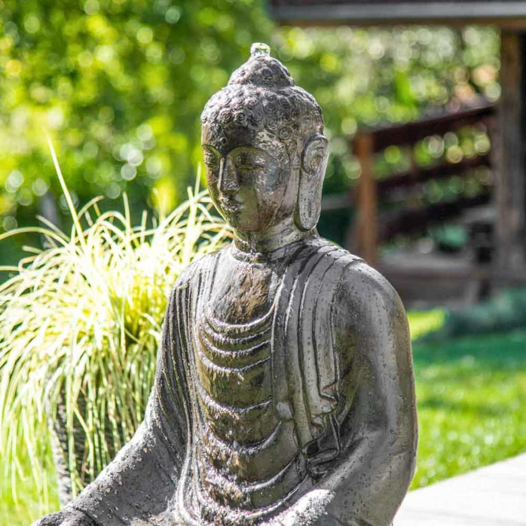 Fontaine de jardin bouddha assis 1 m 20 patiné