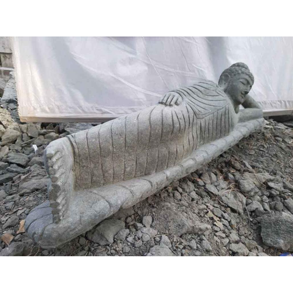 Statue bouddha allongé en pierre volcanique naturelle 1 m 20 Statue bouddha allongé en pierre volcanique naturelle 1 m 20