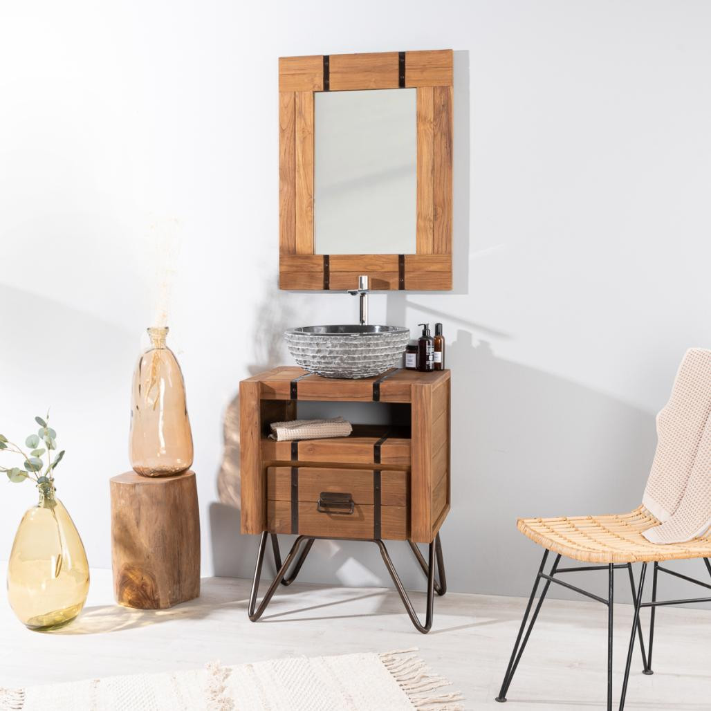 Meuble de salle de bain en mindi naturel et métal 60 Loft