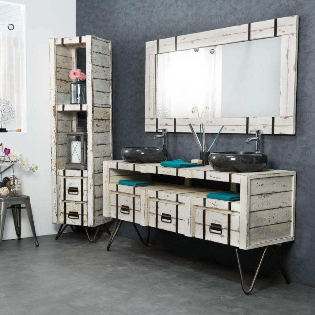 Meuble double sous vasque Loft mindi et métal 160 blanc Meuble double sous vasque Loft mindi et métal 160 blanc