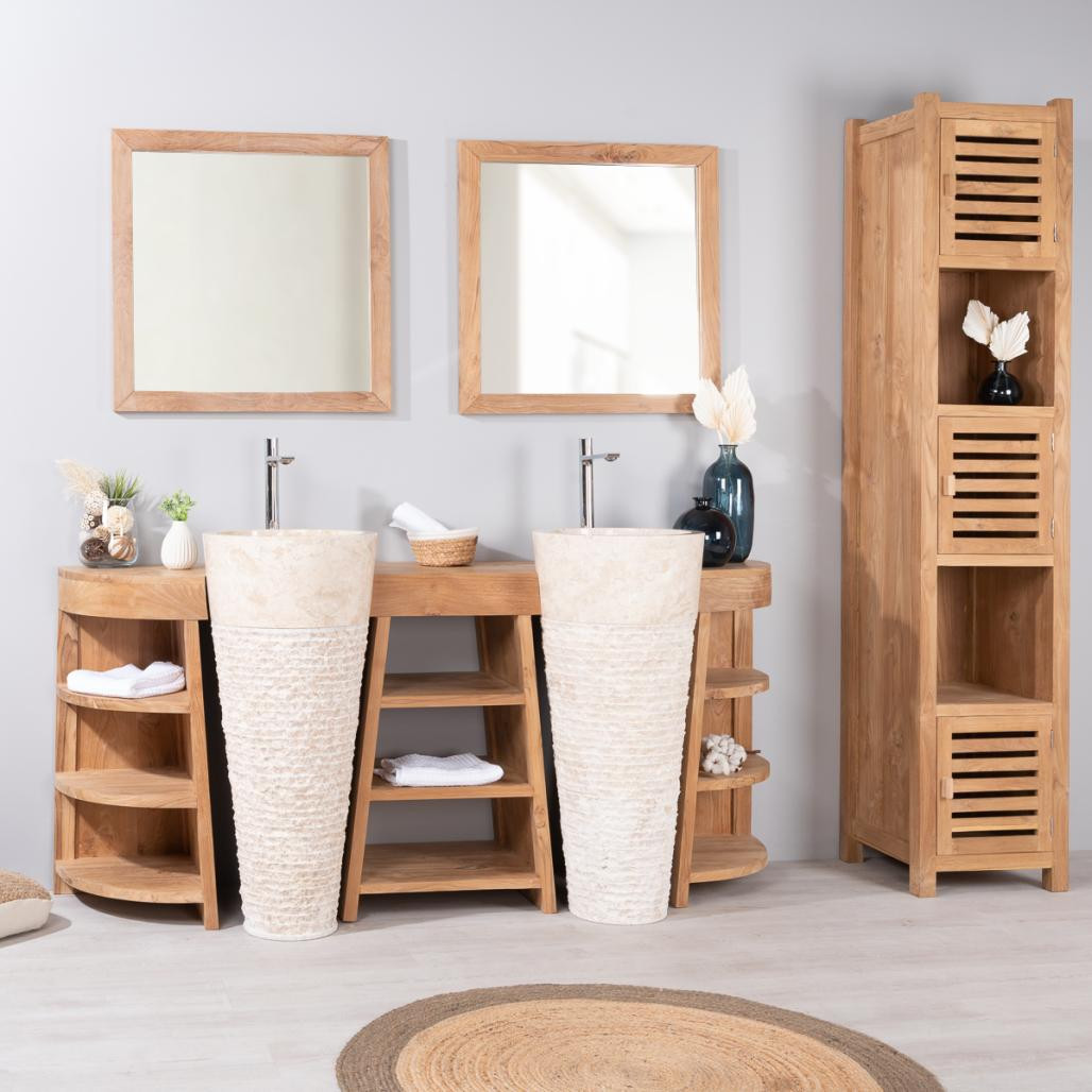 Meuble de salle de bain en teck Florence double 180cm + vasques crème