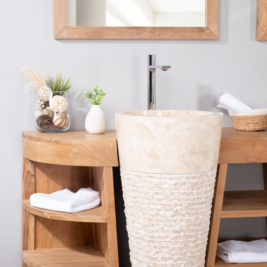 Meuble de salle de bain en teck Florence double 180cm + vasques crème Meuble de salle de bain en teck Florence double 180cm + vasques crème