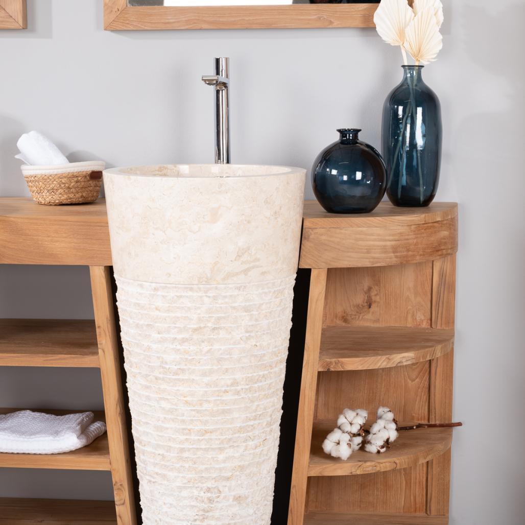 Meuble de salle de bain en teck Florence double 180cm + vasques crème Meuble de salle de bain en teck Florence double 180cm + vasques crème