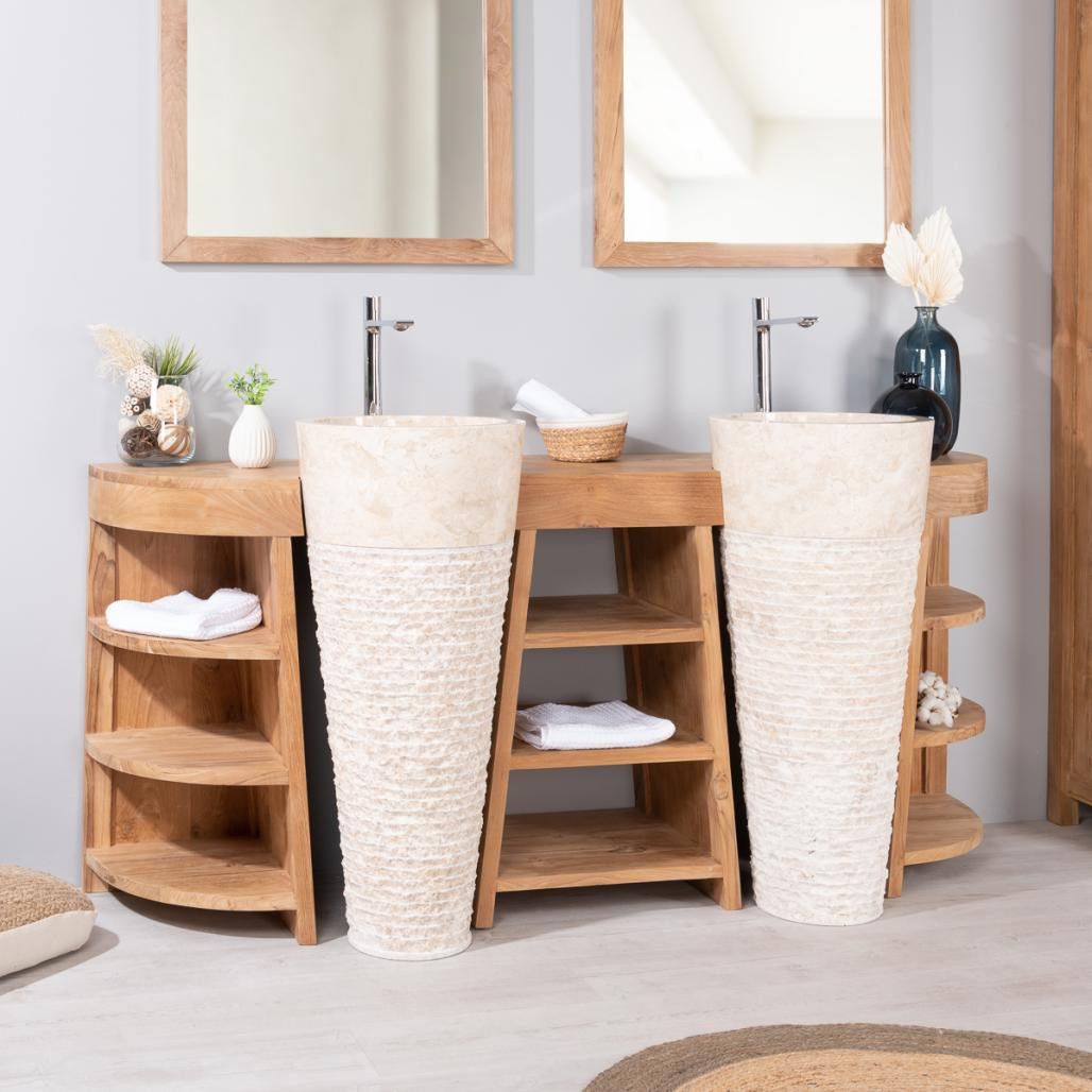 Meuble de salle de bain en teck Florence double 180cm + vasques crème Meuble de salle de bain en teck Florence double 180cm + vasques crème