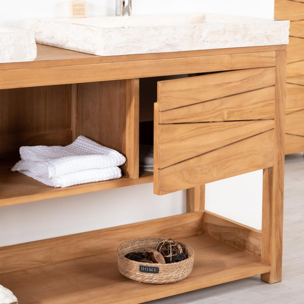 Meuble double en teck massif Cosy 160cm + 2 vasques crème Meuble double en teck massif Cosy 160cm + 2 vasques crème