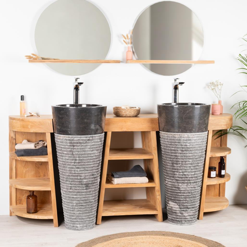 Meuble sous vasque en teck Florence double 180cm + vasques noir Meuble sous vasque en teck Florence double 180cm + vasques noir