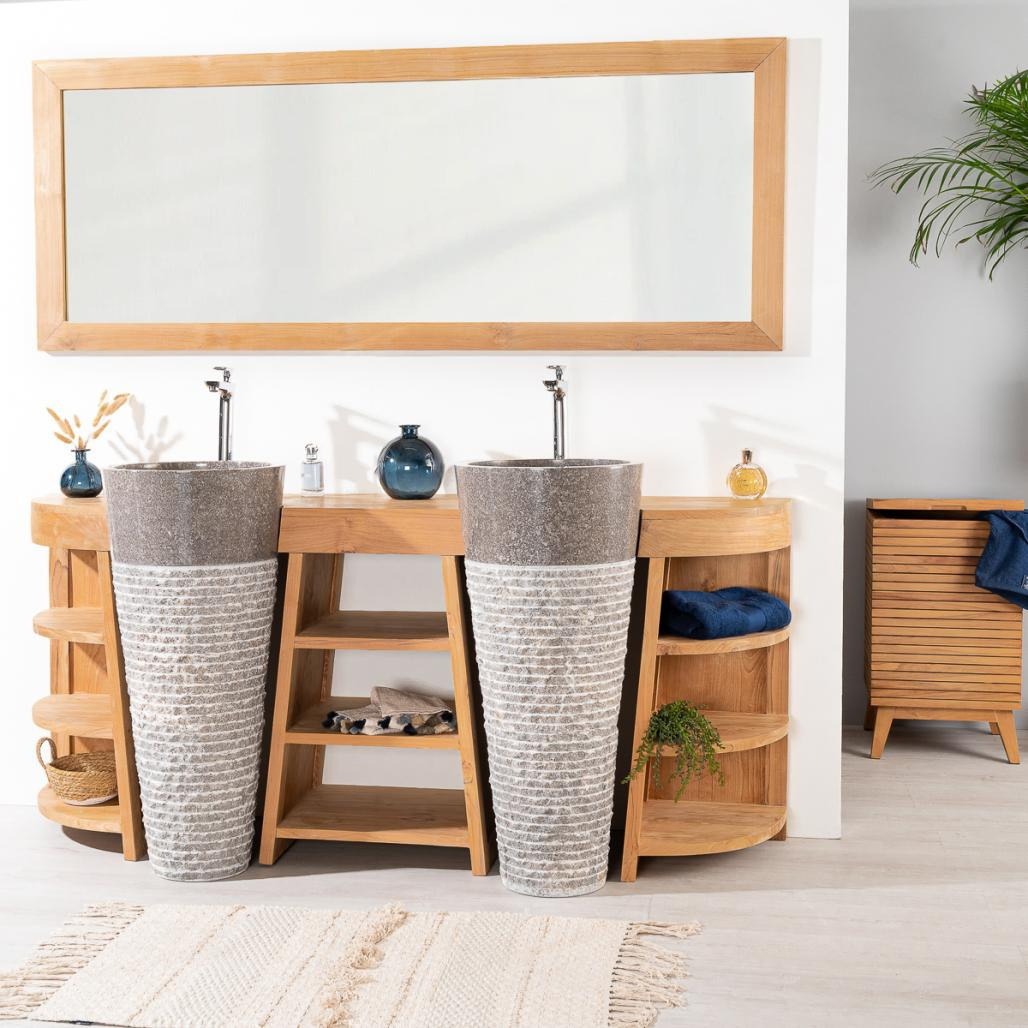 Meuble de salle de bain en teck Florence double 180cm + vasques gris