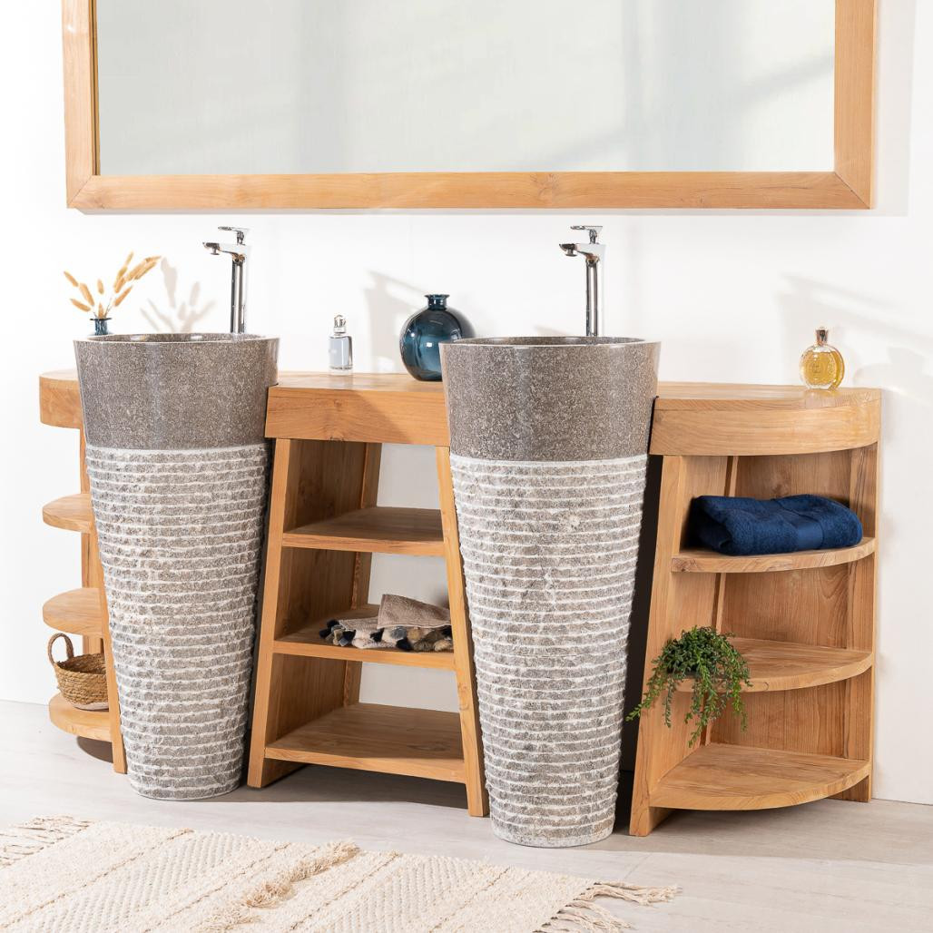 Meuble de salle de bain en teck Florence double 180cm + vasques gris Meuble de salle de bain en teck Florence double 180cm + vasques gris