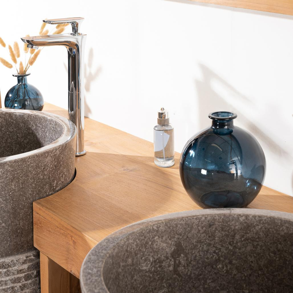 Meuble de salle de bain en teck Florence double 180cm + vasques gris Meuble de salle de bain en teck Florence double 180cm + vasques gris