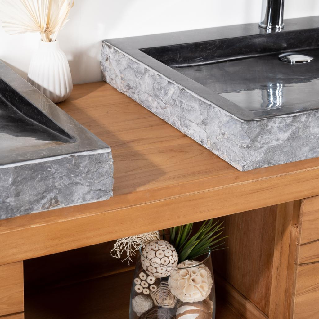 Meuble double en teck massif Cosy 160cm + 2 vasques noir