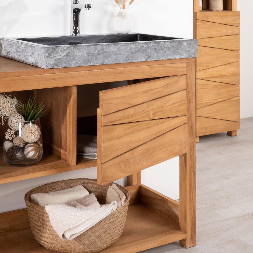 Meuble double en teck massif Cosy 160cm + 2 vasques noir