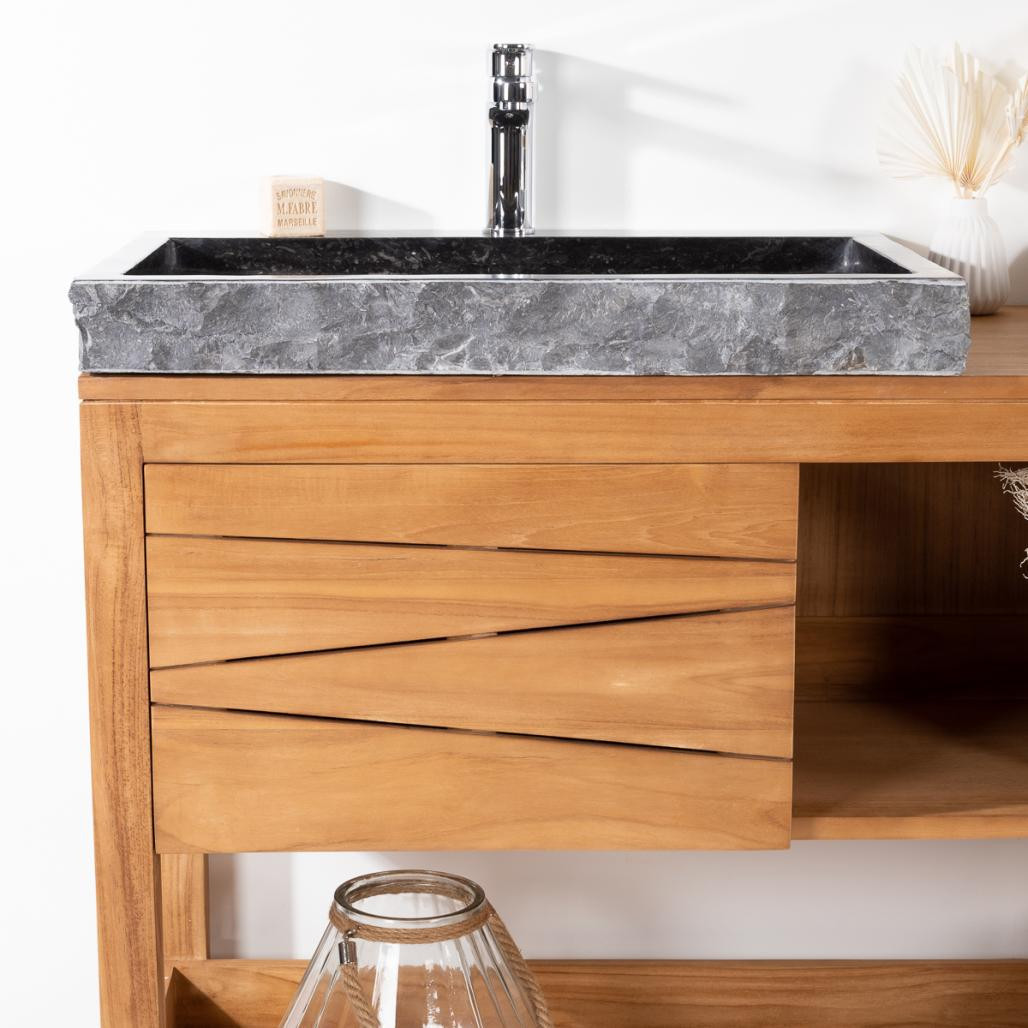 Meuble double en teck massif Cosy 160cm + 2 vasques noir