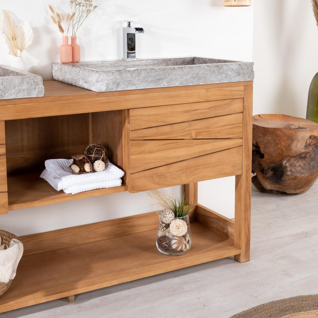 Meuble sous vasque en teck massif Cosy 160cm + 2 vasques gris