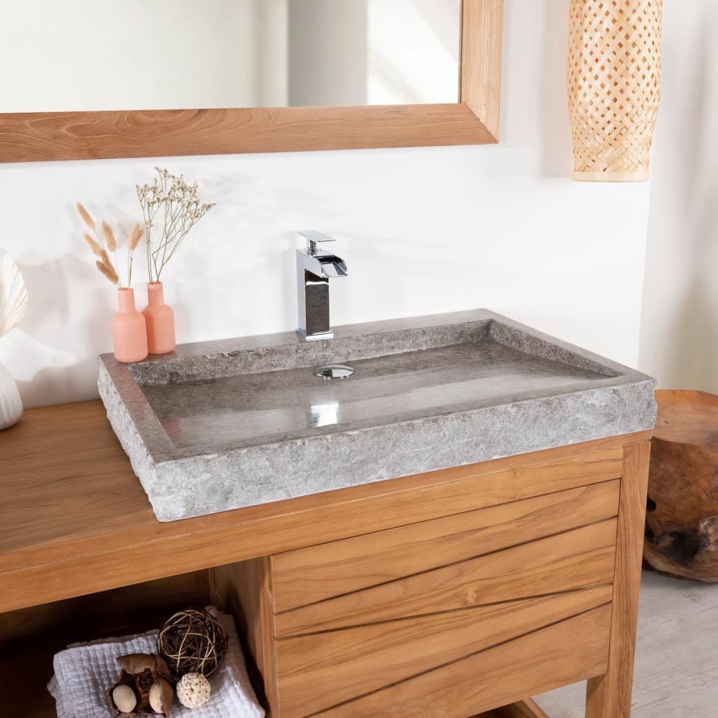 Meuble sous vasque en teck massif Cosy 160cm + 2 vasques gris